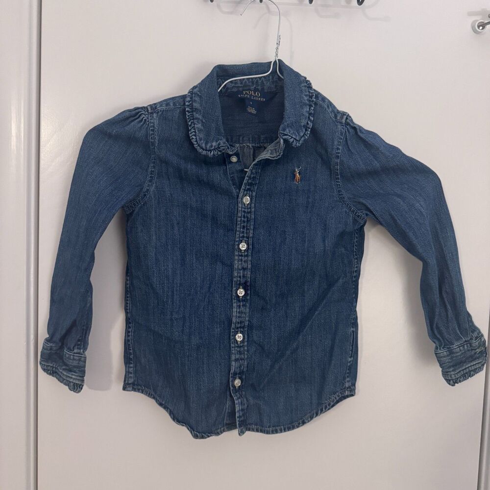 Girls Ralph Lauren Cotton Chambray Long Sleeve Button Down Shirt Ruffles Size 5 - Picture 2 of 4